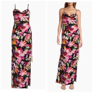Liv Foster Floral Ruched Sateen Column Gown Size 12